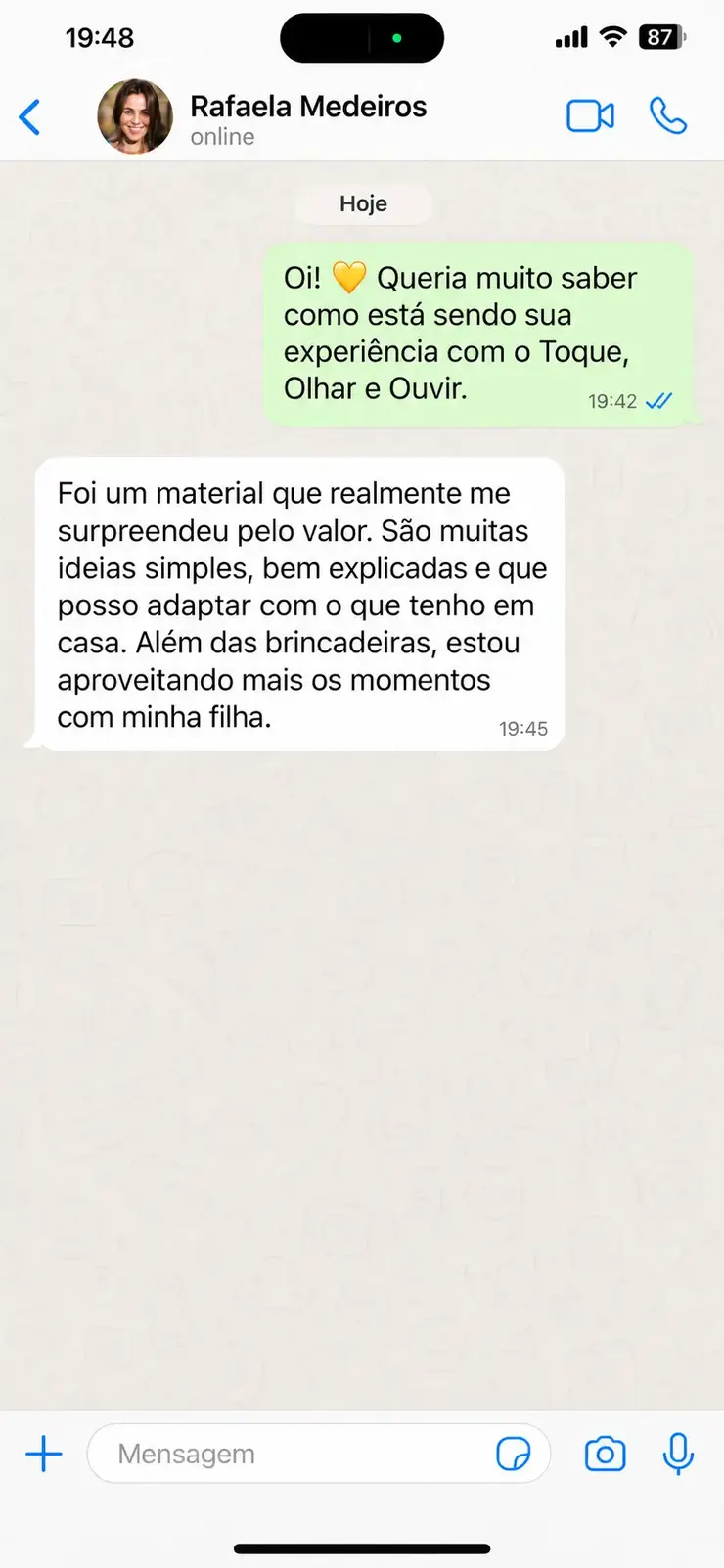 Feedback de Rafaela no WhatsApp