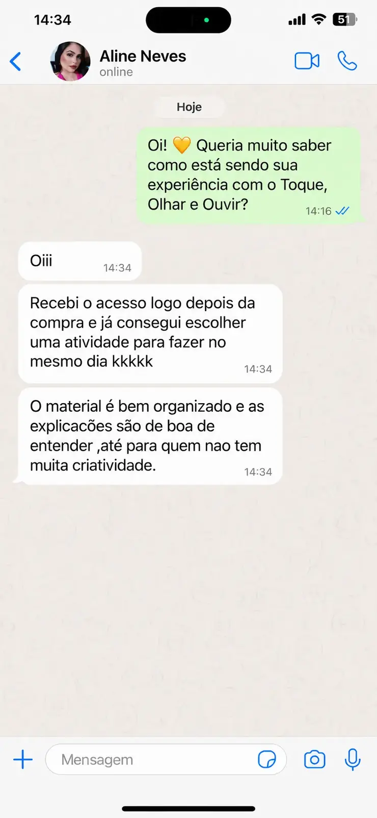 Feedback de Aline no WhatsApp