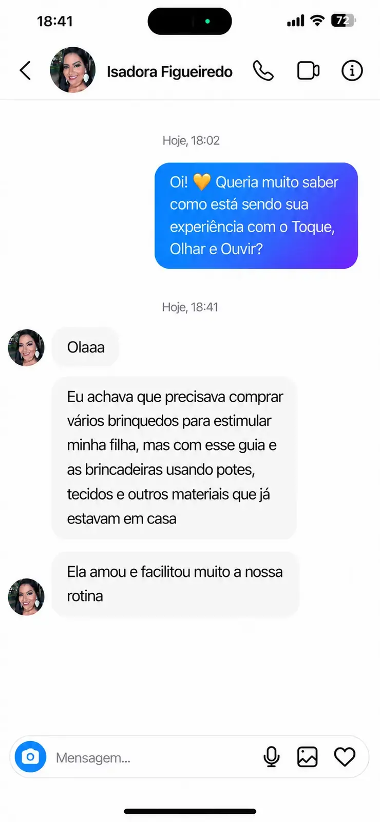 Feedback de Isadora no direct do Instagram