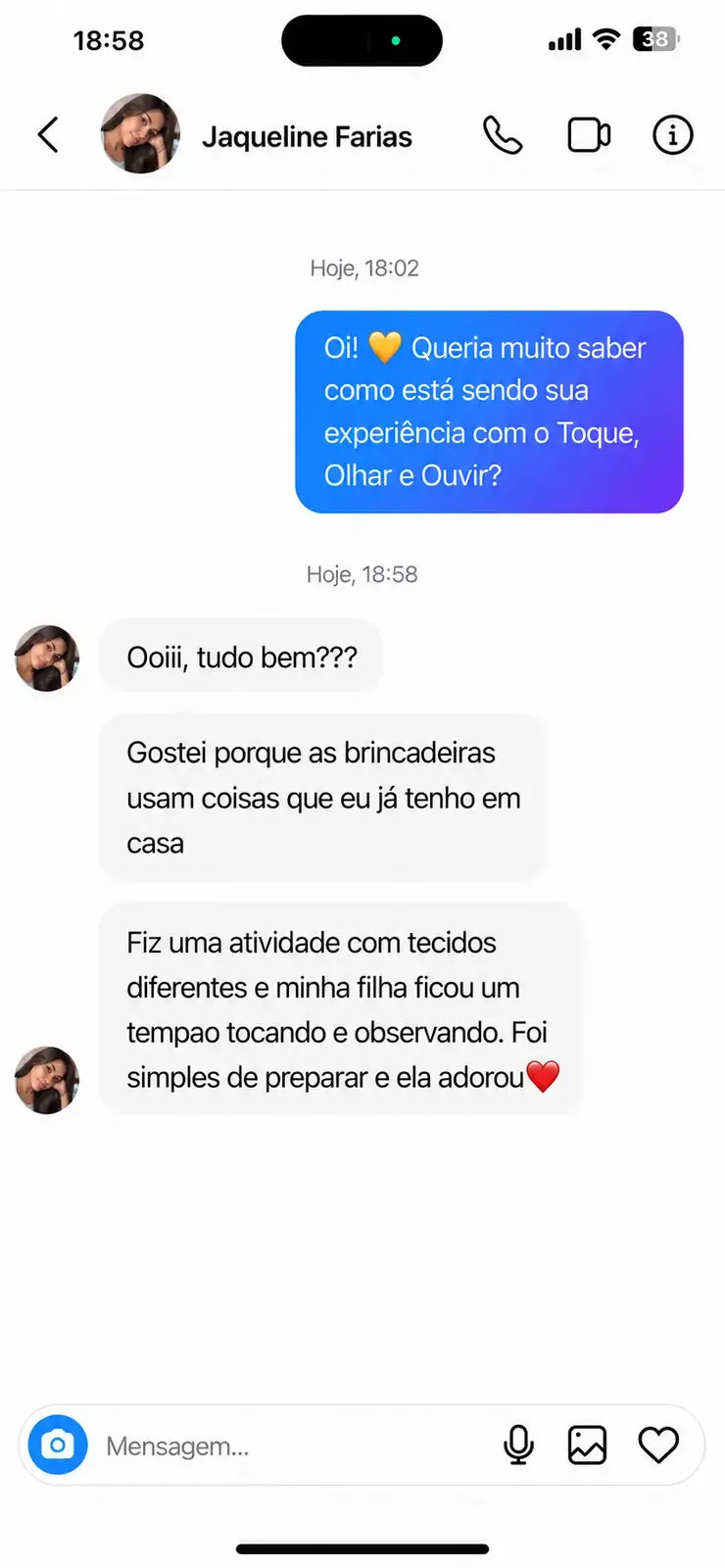 Feedback de Jaqueline no direct do Instagram